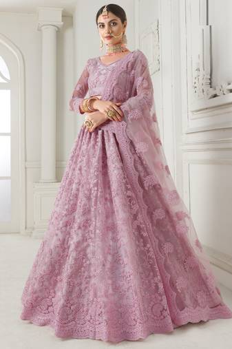 Pink thread embroidery net semi stitched lehenga