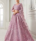 Pink thread embroidery net semi stitched lehenga