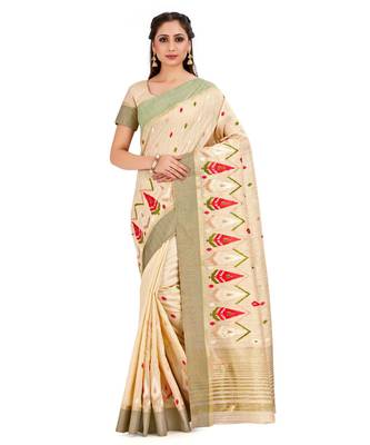 Beige Embroidered Raw Silk Saree With Blouse 1