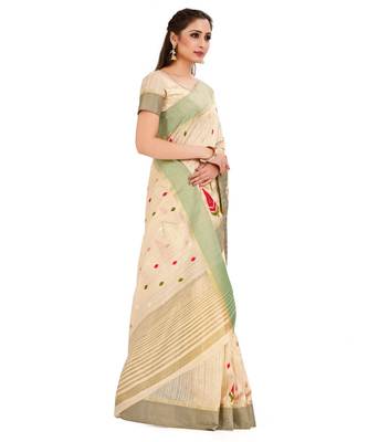 Beige Embroidered Raw Silk Saree With Blouse 2