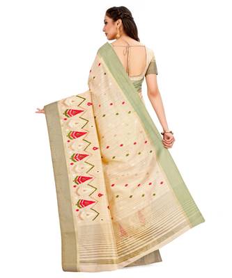 Beige Embroidered Raw Silk Saree With Blouse 3
