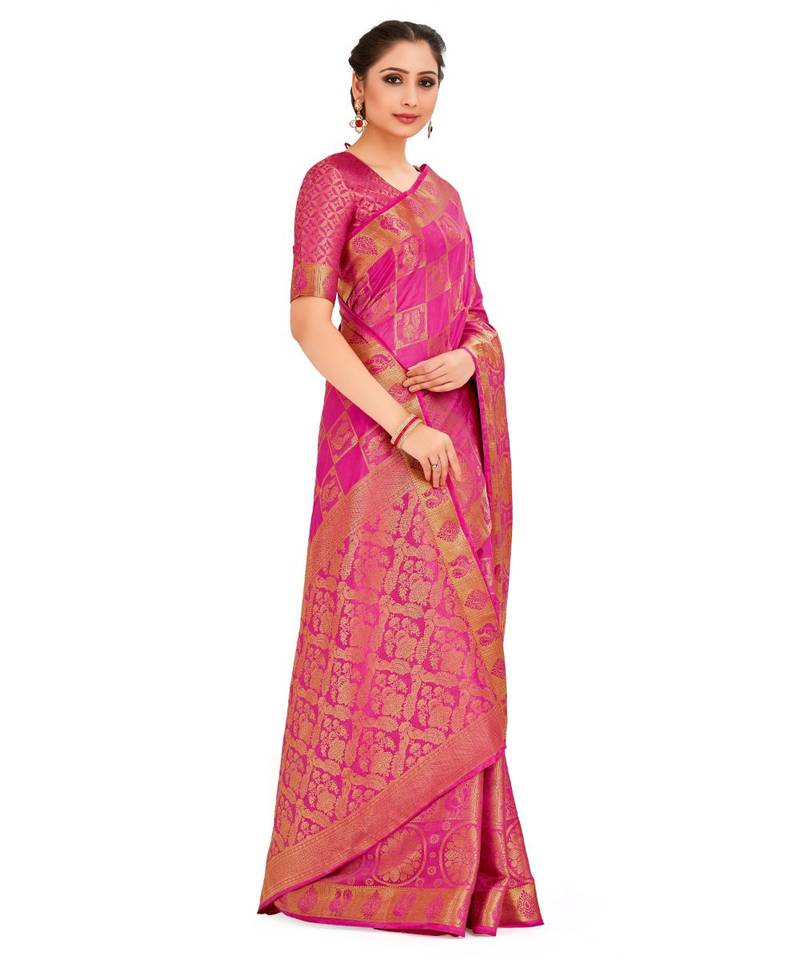 Pink Woven Art Silk Saree With Blouse