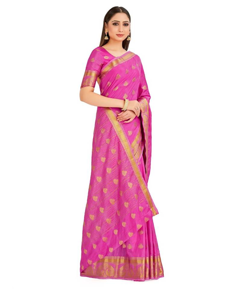 Pink Woven Crepe Saree With Blouse