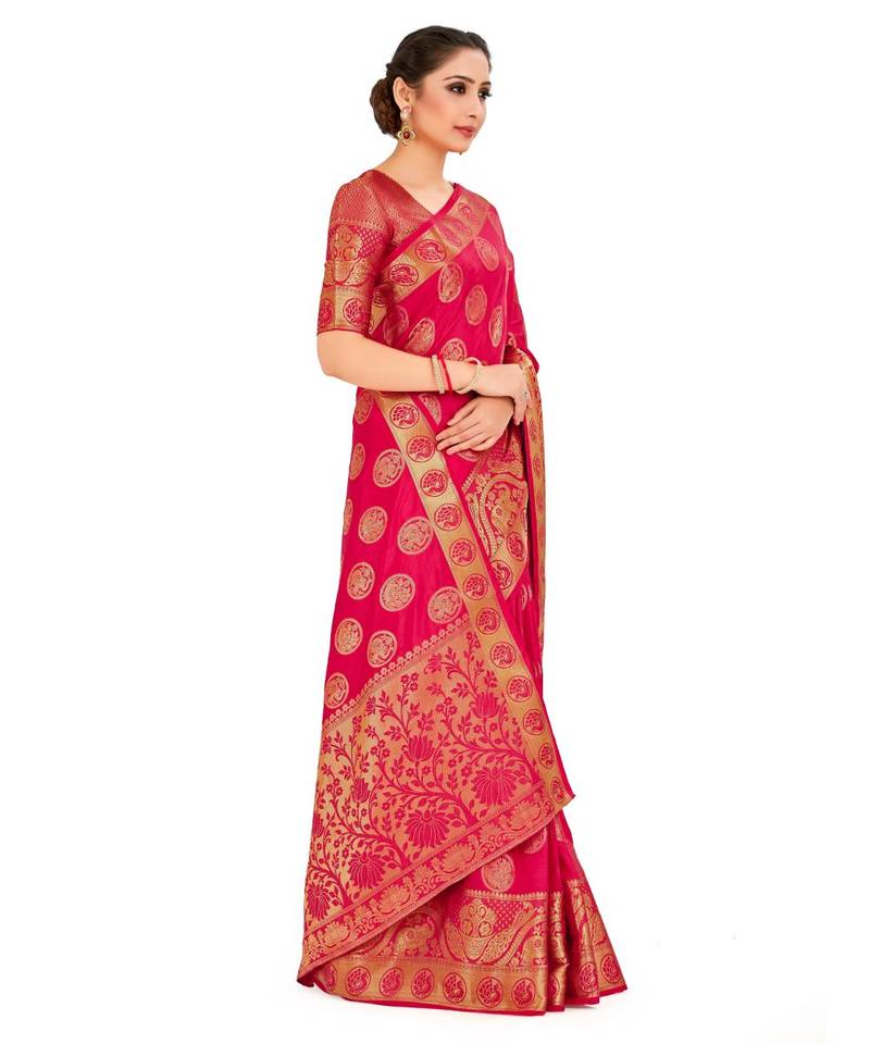 Pink Woven Art Silk Saree With Blouse