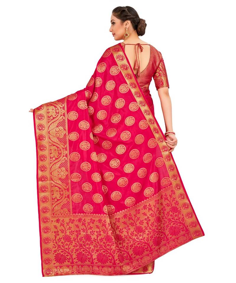 Pink Woven Art Silk Saree With Blouse