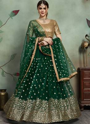 green SEQUINS EMBROIDERED NET UNSTITCHED LEHENGA CHOLI WITH DUPATTA 1