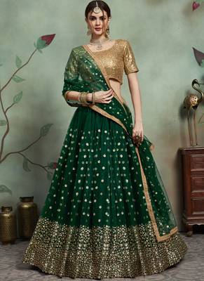green SEQUINS EMBROIDERED NET UNSTITCHED LEHENGA CHOLI WITH DUPATTA 2