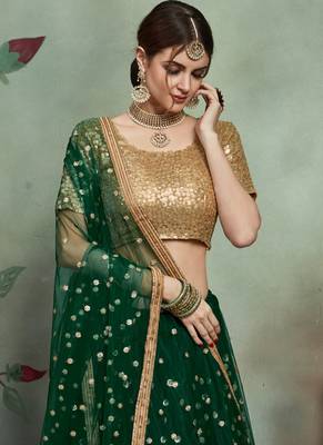 green SEQUINS EMBROIDERED NET UNSTITCHED LEHENGA CHOLI WITH DUPATTA 3