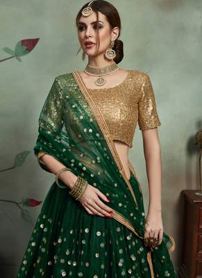 green SEQUINS EMBROIDERED NET UNSTITCHED LEHENGA CHOLI WITH DUPATTA 4