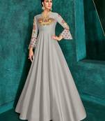 Light Grey Silk Heavy Thread Embroidered on Neck, Sleeve Gown
