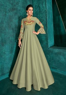 Olive Silk Heavy Thread Embroidered on Neck, Sleeve Gown 1