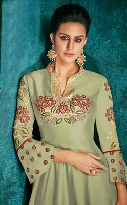 Olive Silk Heavy Thread Embroidered on Neck, Sleeve Gown 2
