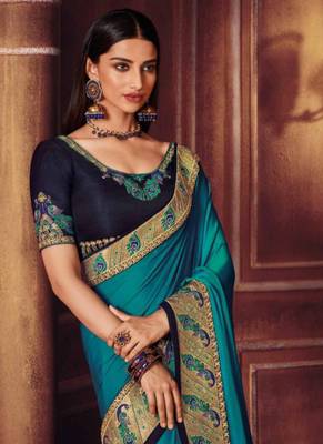   light blue embroidered silk saree with blouse 2