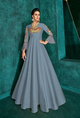 Sapphire Silk Heavy Thread Embroidered on Neck, Sleeve Gown 1