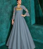 Sapphire Silk Heavy Thread Embroidered on Neck, Sleeve Gown