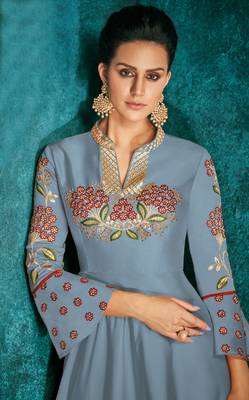 Sapphire Silk Heavy Thread Embroidered on Neck, Sleeve Gown 2