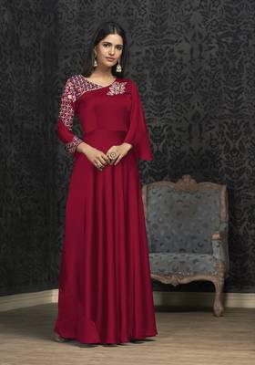 Red Glowing Georgette Heavy Embroidery on Neck and Sleeve  Gown 1