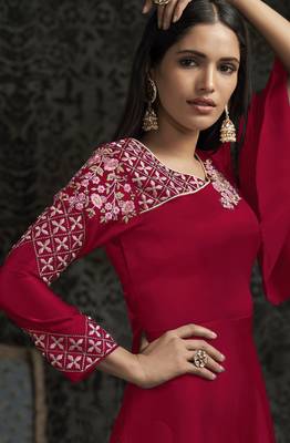 Red Glowing Georgette Heavy Embroidery on Neck and Sleeve  Gown 2