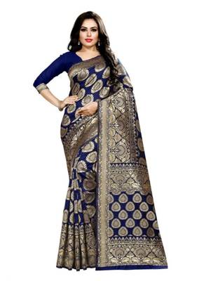 Blue woven banarasi silk saree with blouse 4