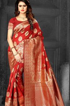 Red Woven Banarasi Silk Saree With Blouse