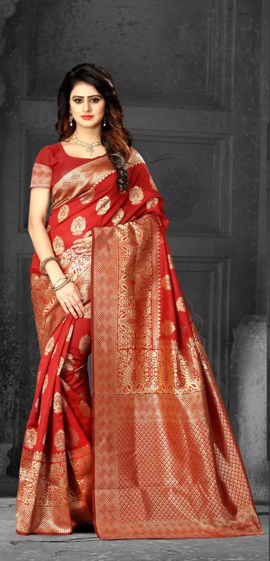 Red Woven Banarasi Silk Saree With Blouse