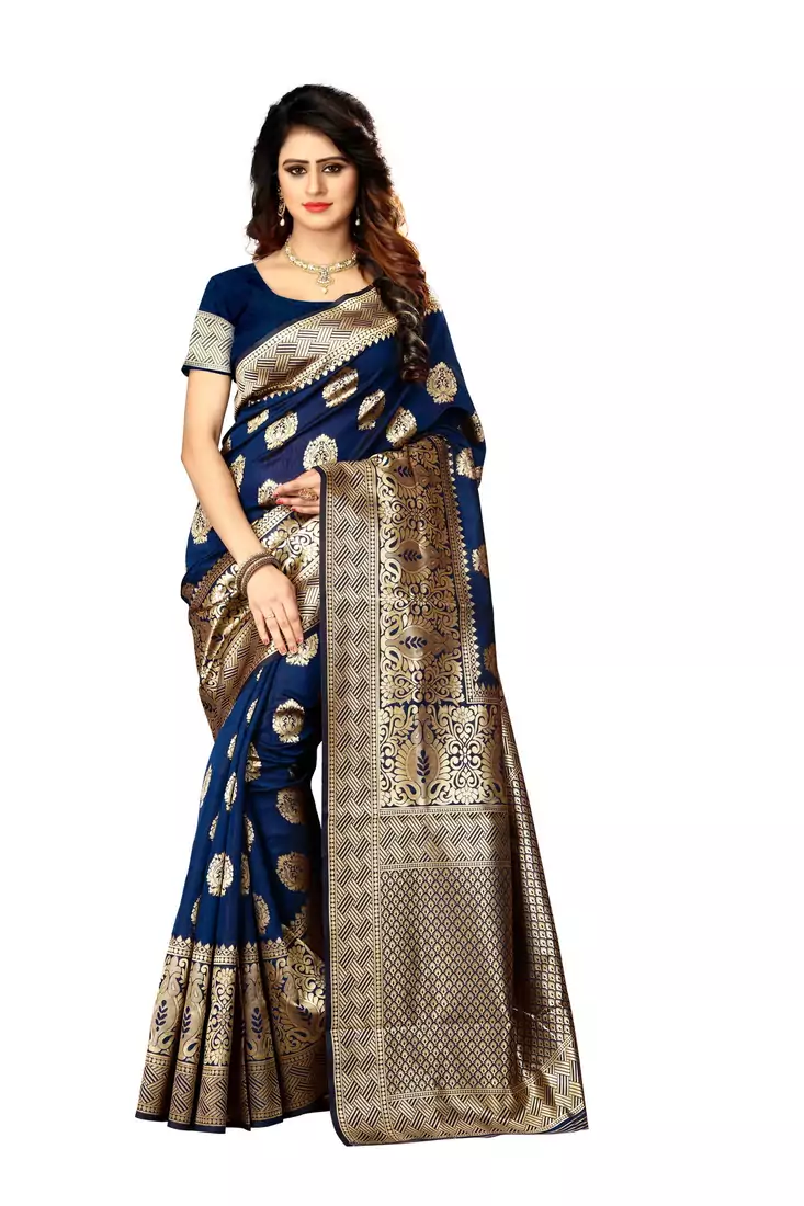 Blue Woven Banarasi Silk Saree With Blouse
