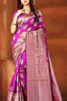 Pink Woven Banarasi Silk Saree With Blouse