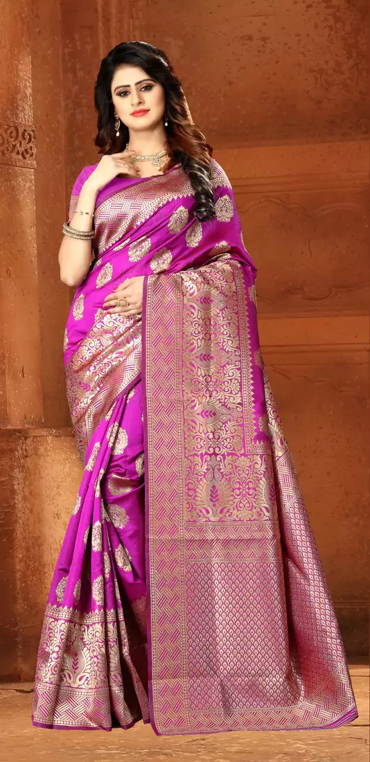 Pink Woven Banarasi Silk Saree With Blouse