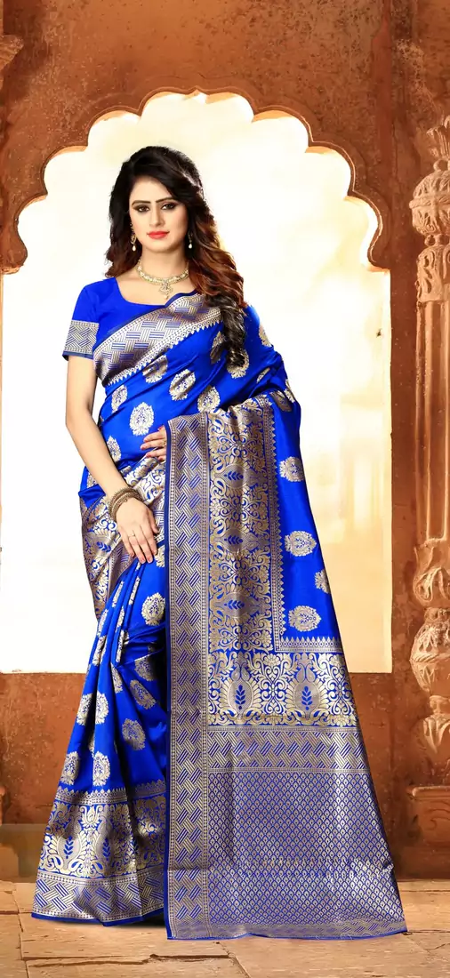 Royal Blue Woven Banarasi Silk Saree With Blouse