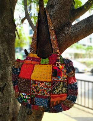 Multicolored Real Mirror Worked Banjara Bag With Hanging Pompom Tassels 1