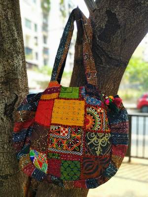 Multicolored Real Mirror Worked Banjara Bag With Hanging Pompom Tassels 2