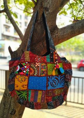 Multicolored Real Mirror Worked Banjara Bag With Hanging Pompom Tassels Pattern 1 1