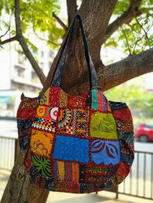 Multicolored Real Mirror Worked Banjara Bag With Hanging Pompom Tassels Pattern 1 2
