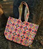 Cream Colored Based Flower Pattern Embroidered Worked Banjara Tote Bag With Non Adjustable Dori