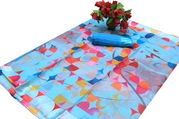 Turquoise Printed Cotton Silk Saree With Blouse 1