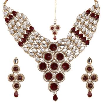 Red Maroon necklace-sets Traditional Kundan Jewellery Set with Dangler Earrings and Maang Teeka 1