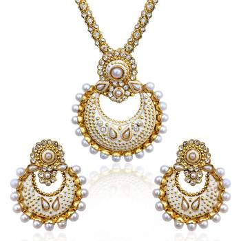 White Meenakari necklace-sets Traditional Kundan Jewellery Set with Chandbali Earrings 1