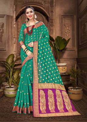Green woven chanderi saree with blouse 1