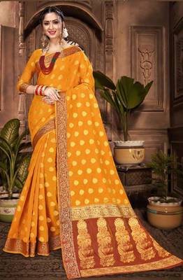 Yellow woven chanderi saree with blouse 1