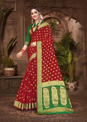 Red woven chanderi saree with blouse 1