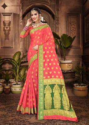 Peach woven chanderi saree with blouse 1