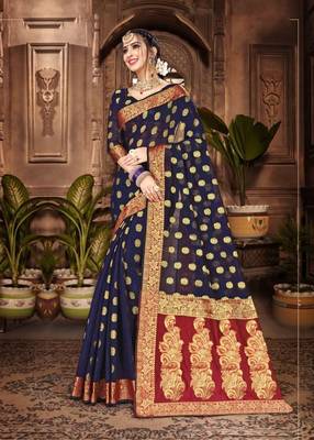 Navy blue woven chanderi saree with blouse 1