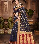 Navy blue woven chanderi saree with blouse