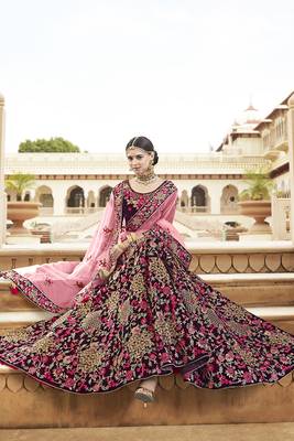 Violet Embroidered Velvet Semi Stitched Lehenga 4