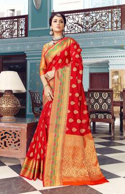 Red woven banarasi silk saree with blouse 1