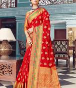 Red woven banarasi silk saree with blouse
