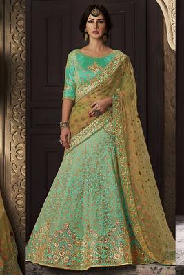 Green Embroidered Silk Semi Stitched Lehenga 1