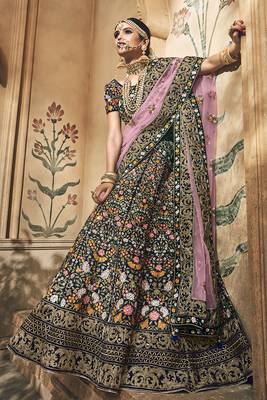 Blue Embroidered Velvet Semi Stitched Lehenga 1