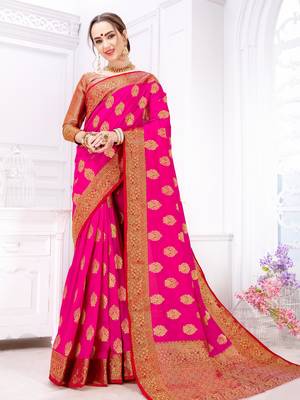 Rani pink woven silk saree with blouse 1