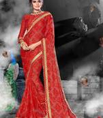 Red woven chiffon saree with blouse